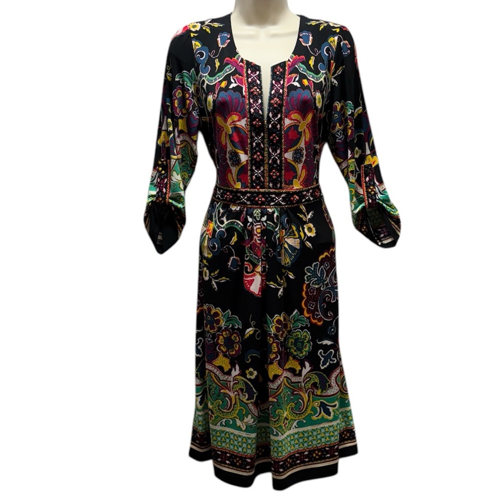 ECI New York Women's Vibrant Floral Beaded Boho Multicolor V-Neck Dress Size 12